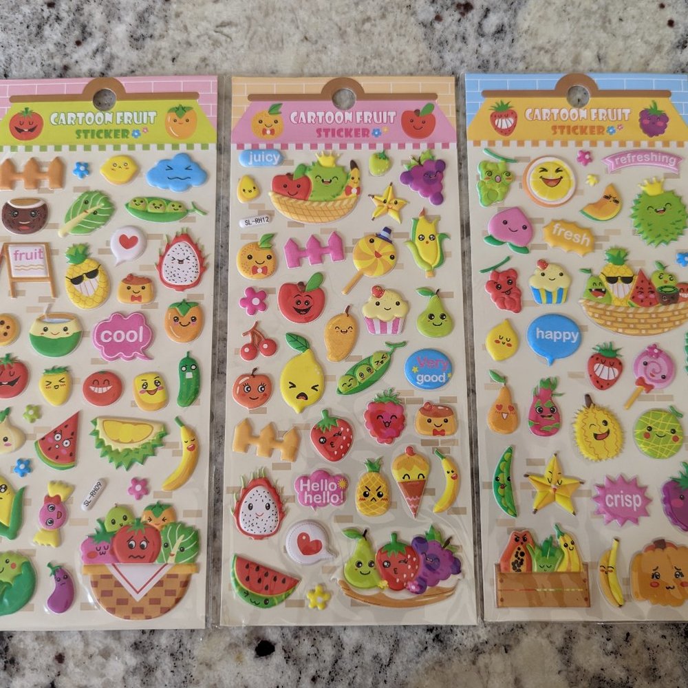 3 Pack (Brand New) Cartoon Fruit Puffy Stickers